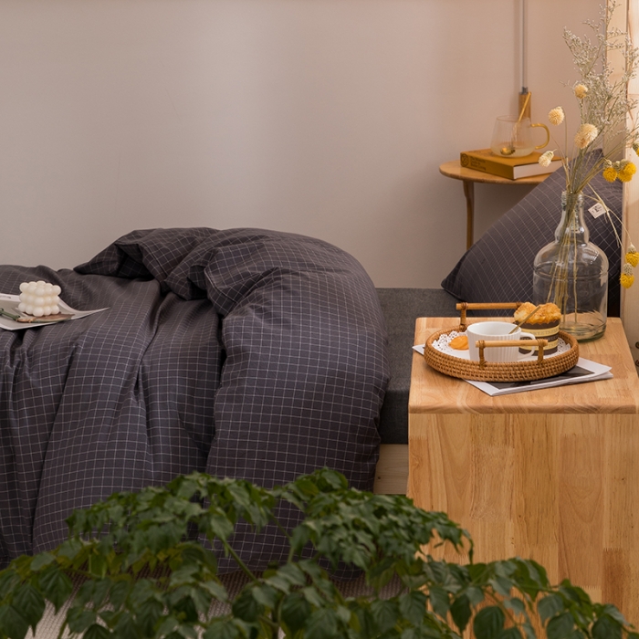 91家纺网 家纺一手货源 找家纺 柠萌家居 2021新款全棉色织水洗棉学生宿舍三件套 灰小格