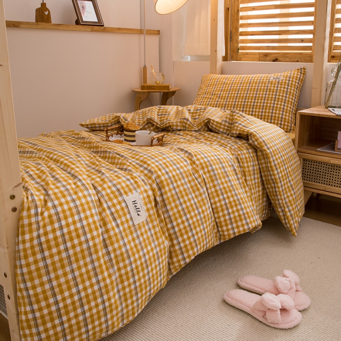 91家纺网 家纺一手货源 找家纺 柠萌家居 2021新款全棉色织水洗棉学生宿舍三件套 姜黄小格