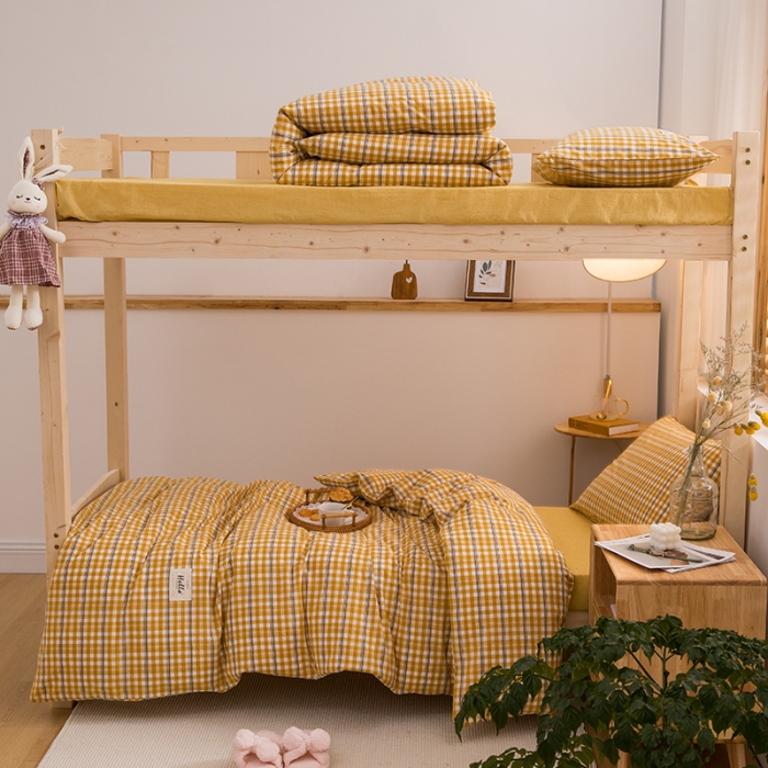 91家纺网 家纺一手货源 找家纺 柠萌家居 2021新款全棉色织水洗棉学生宿舍三件套 姜黄小格