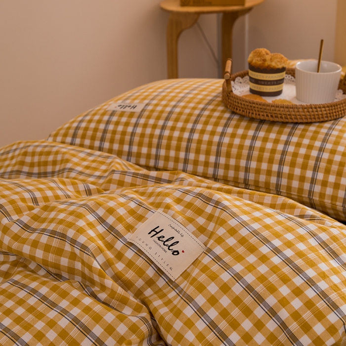 91家纺网 家纺一手货源 找家纺 柠萌家居 2021新款全棉色织水洗棉学生宿舍三件套 姜黄小格