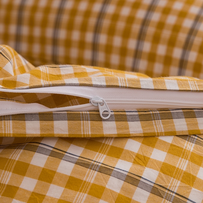 91家纺网 家纺一手货源 找家纺 柠萌家居 2021新款全棉色织水洗棉学生宿舍三件套 姜黄小格