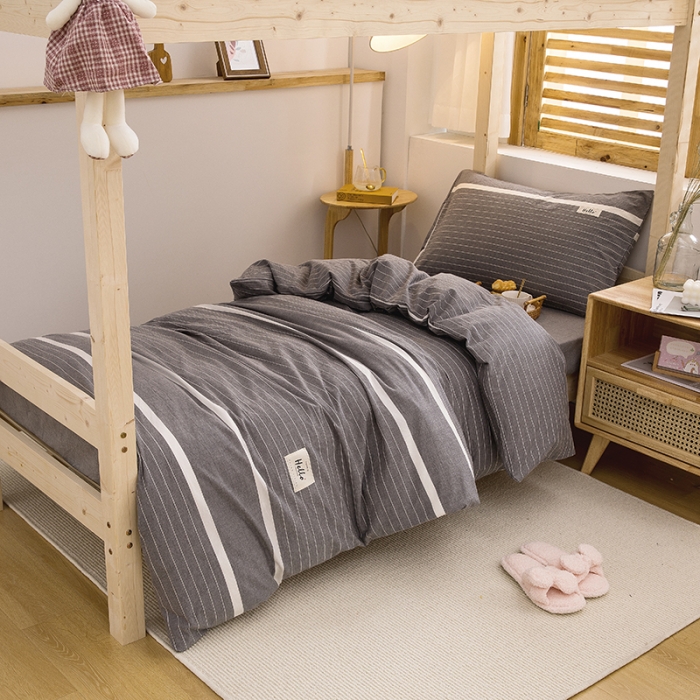 91家纺网 家纺一手货源 找家纺 柠萌家居2021新款全棉色织水洗棉学生宿舍三件套 宽双线冷灰