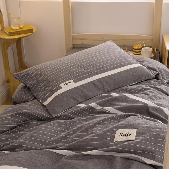 91家纺网 家纺一手货源 找家纺 柠萌家居2021新款全棉色织水洗棉学生宿舍三件套 宽双线冷灰