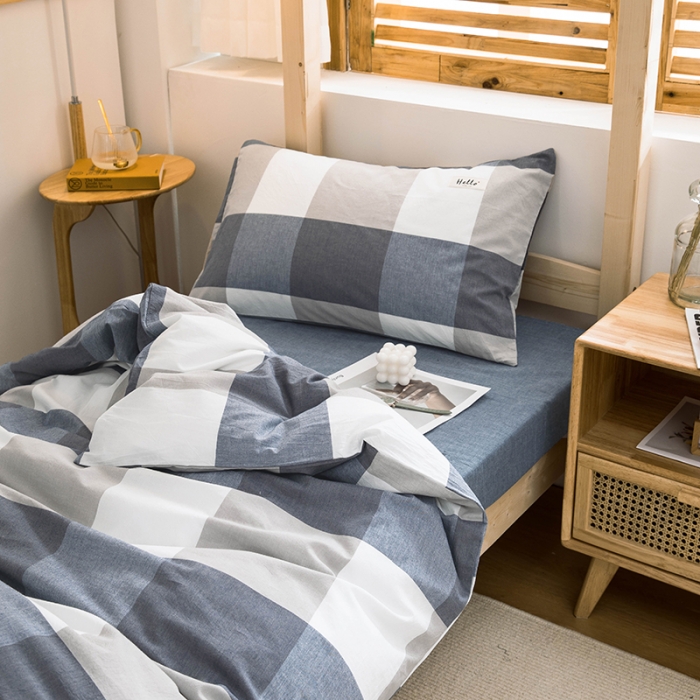 91家纺网 家纺一手货源 找家纺 柠萌家居 2021新款全棉色织水洗棉学生宿舍三件套 蓝大格