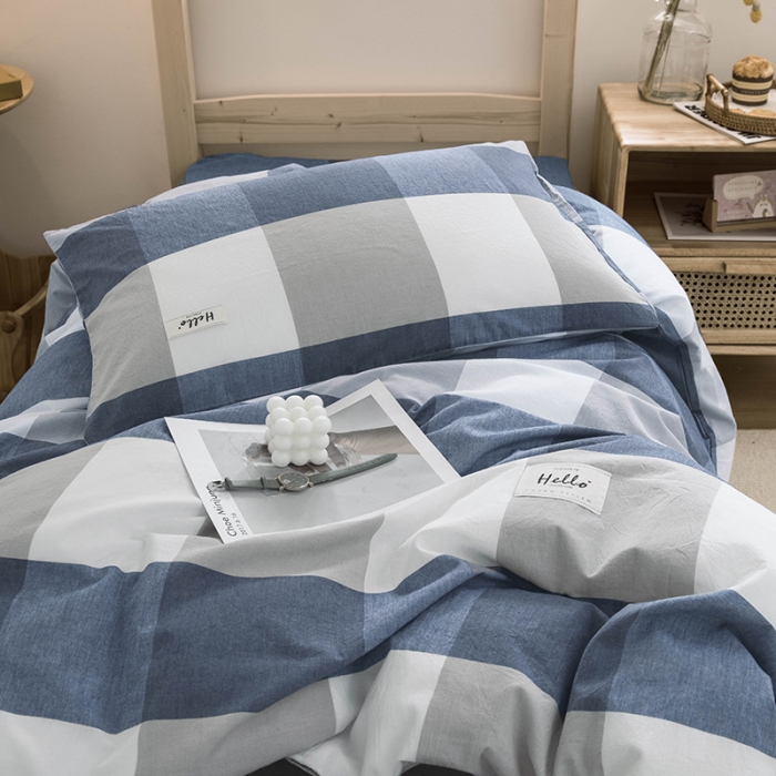 91家纺网 家纺一手货源 找家纺 柠萌家居 2021新款全棉色织水洗棉学生宿舍三件套 蓝大格