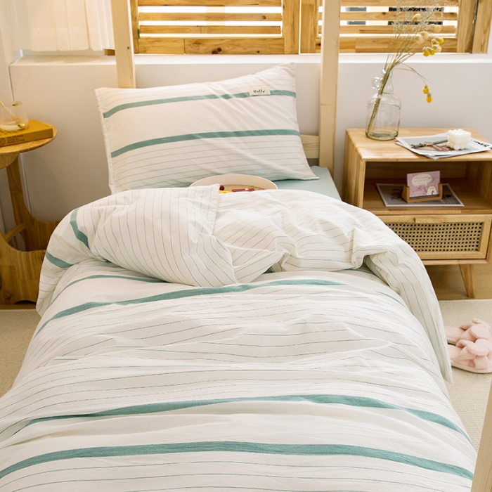 91家纺网 家纺一手货源 找家纺 柠萌家居 2021新款全棉色织水洗棉学生宿舍三件套 绿白细条