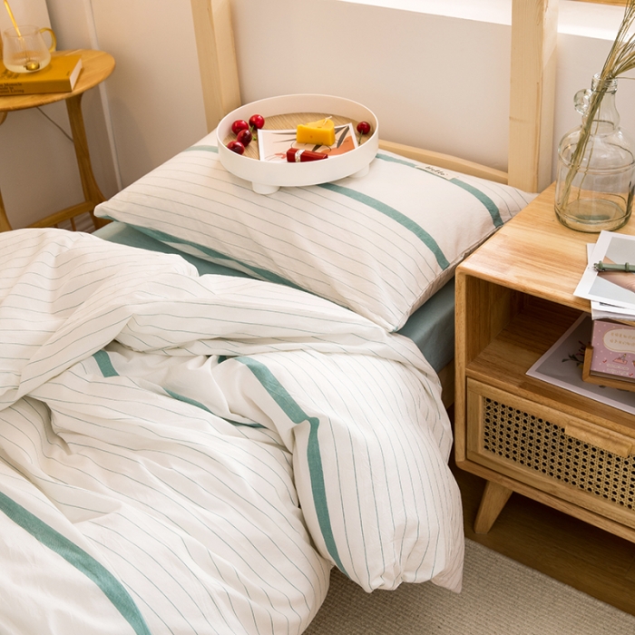 91家纺网 家纺一手货源 找家纺 柠萌家居 2021新款全棉色织水洗棉学生宿舍三件套 绿白细条