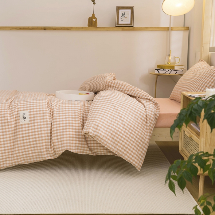 91家纺网 家纺一手货源 找家纺 柠萌家居 2021新款全棉色织水洗棉学生宿舍三件套 蜜粉小格