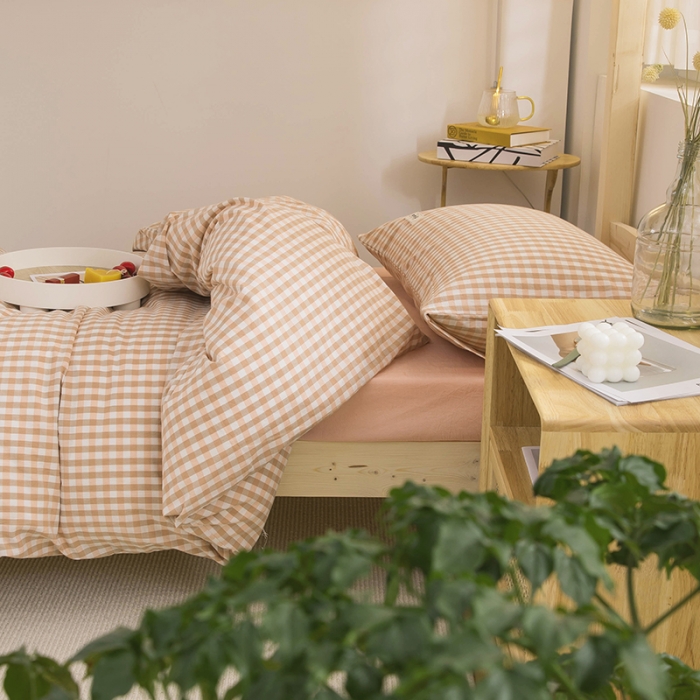 91家纺网 家纺一手货源 找家纺 柠萌家居 2021新款全棉色织水洗棉学生宿舍三件套 蜜粉小格