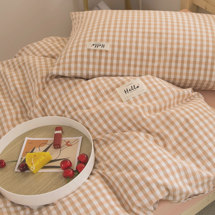 91家纺网 家纺一手货源 找家纺 柠萌家居 2021新款全棉色织水洗棉学生宿舍三件套 蜜粉小格