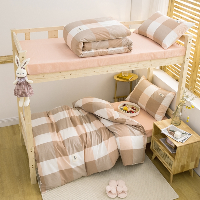 91家纺网 家纺一手货源 找家纺 柠萌家居 2021新款全棉色织水洗棉学生宿舍三件套 玉大格