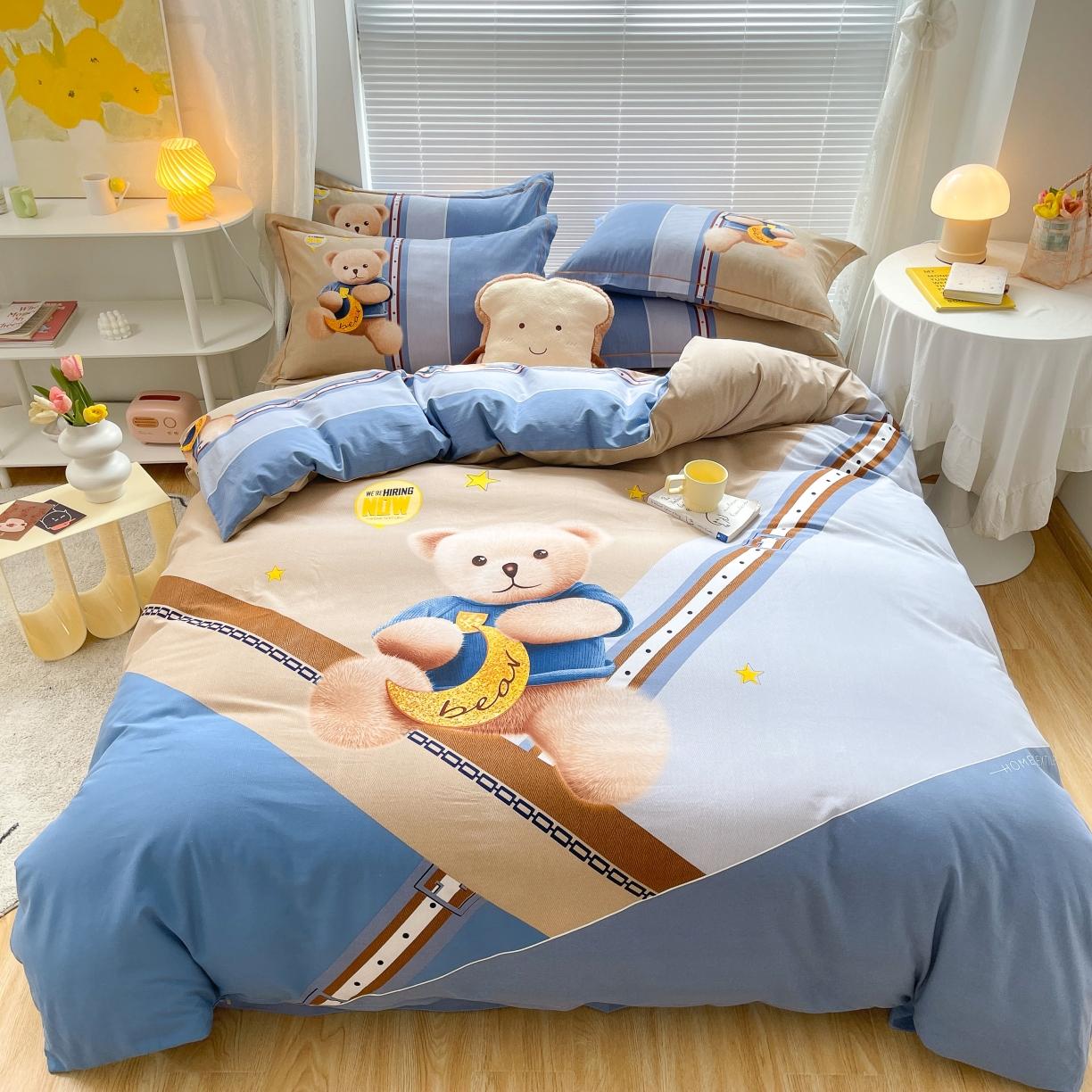 91家纺网 家纺一手货源 找家纺 金爱家 2021新款大版磨毛卡通系列四件套 哈尼-熊