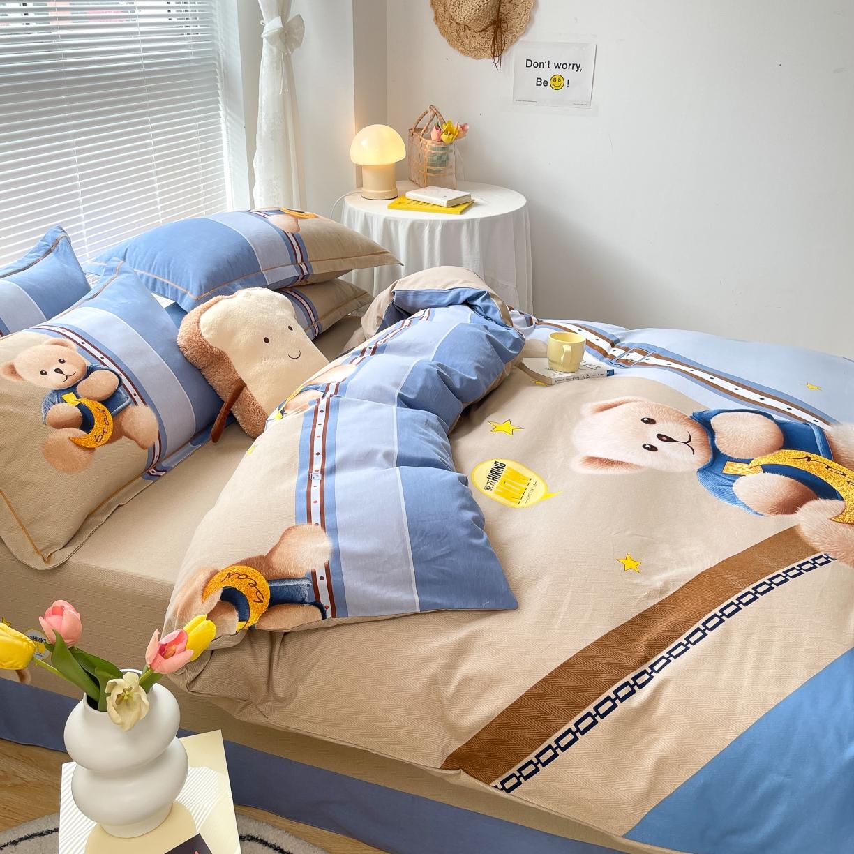 91家纺网 家纺一手货源 找家纺 金爱家 2021新款大版磨毛卡通系列四件套 哈尼-熊