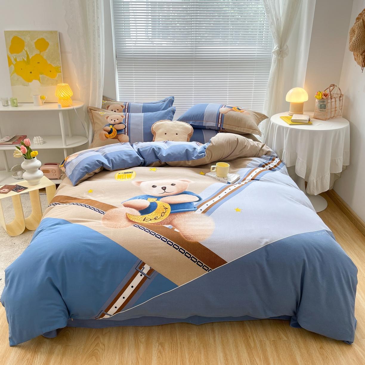 91家纺网 家纺一手货源 找家纺 金爱家 2021新款大版磨毛卡通系列四件套 哈尼-熊