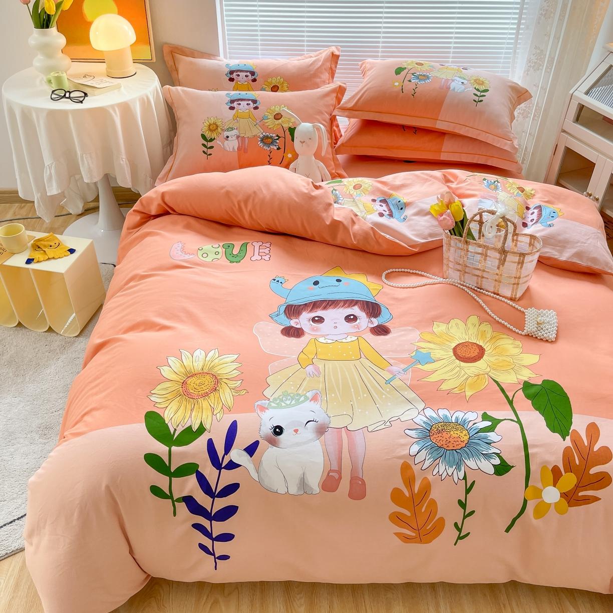 91家纺网 家纺一手货源 找家纺 金爱家 2021新款大版磨毛卡通系列四件套 花季女孩-粉