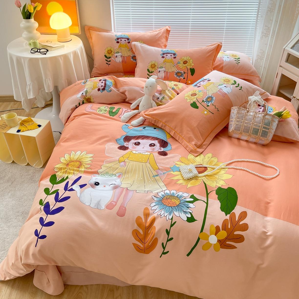 91家纺网 家纺一手货源 找家纺 金爱家 2021新款大版磨毛卡通系列四件套 花季女孩-粉