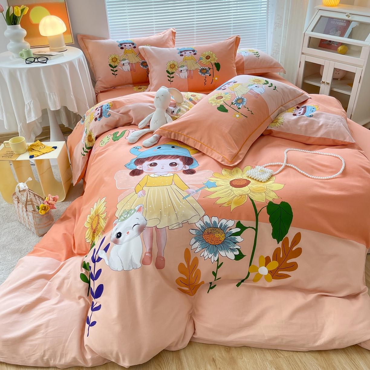 91家纺网 家纺一手货源 找家纺 金爱家 2021新款大版磨毛卡通系列四件套 花季女孩-粉