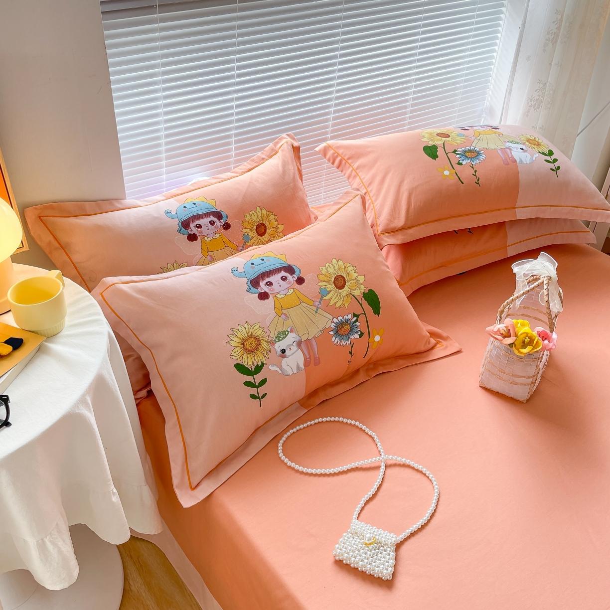 91家纺网 家纺一手货源 找家纺 金爱家 2021新款大版磨毛卡通系列四件套 花季女孩-粉