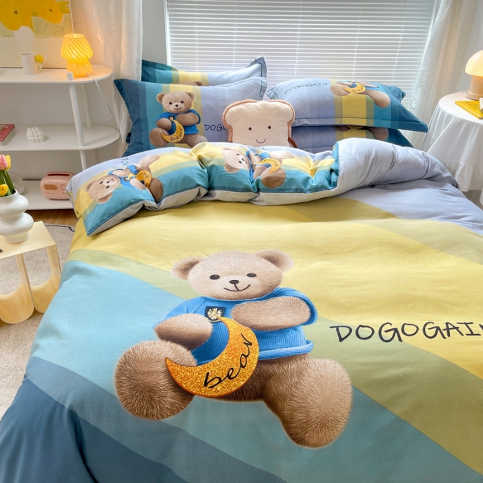 91家纺网 家纺一手货源 找家纺 金爱家 2021新款大版磨毛卡通系列四件套 童趣-绿