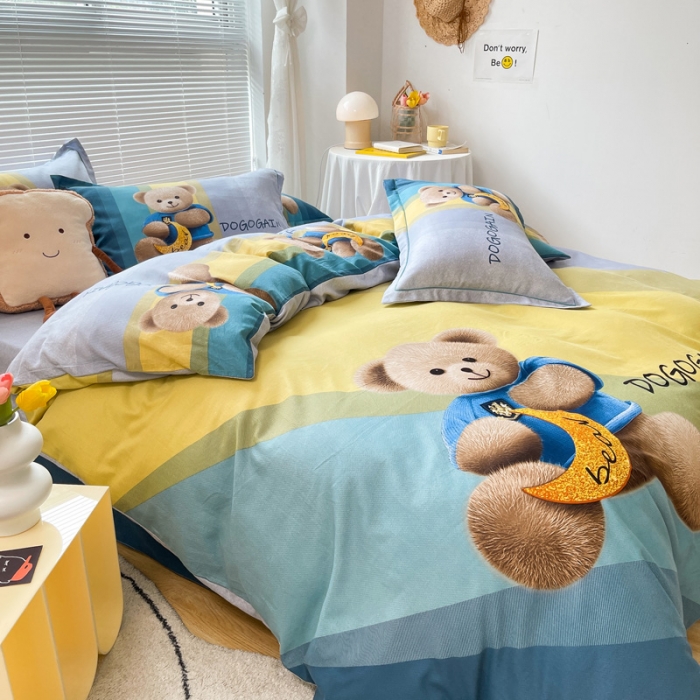 91家纺网 家纺一手货源 找家纺 金爱家 2021新款大版磨毛卡通系列四件套 童趣-绿