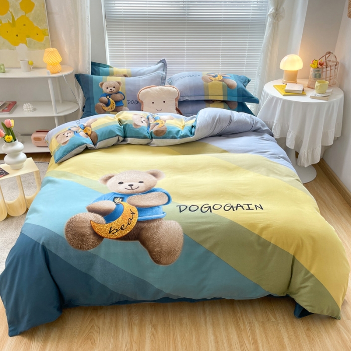 91家纺网 家纺一手货源 找家纺 金爱家 2021新款大版磨毛卡通系列四件套 童趣-绿