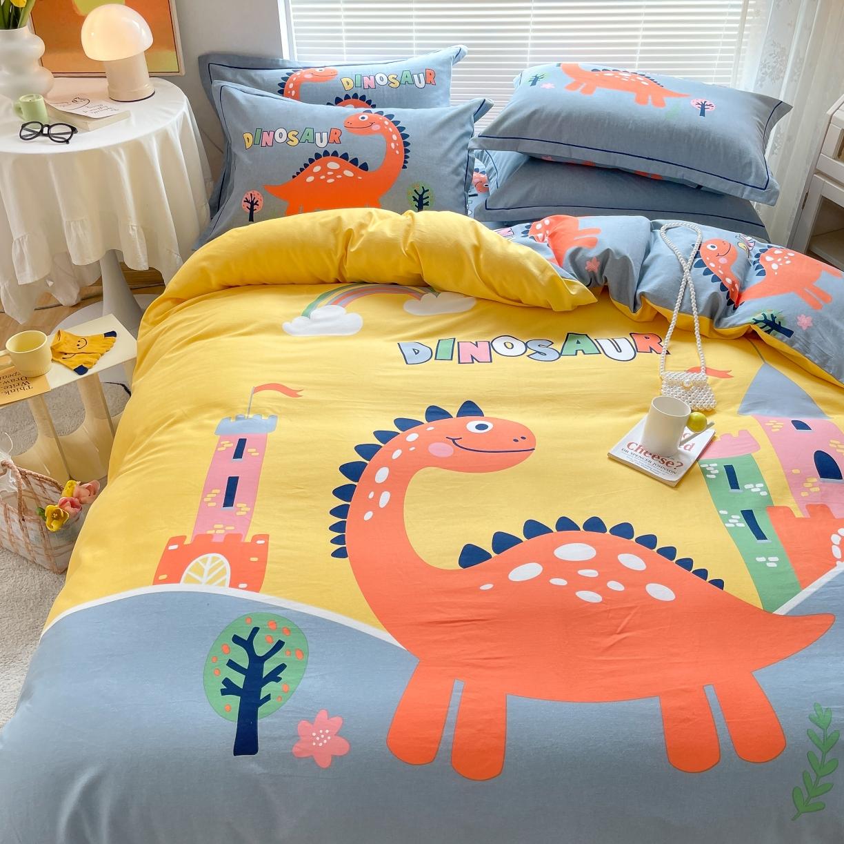 91家纺网 家纺一手货源 找家纺 金爱家 2021新款大版磨毛卡通系列四件套 中华恐龙