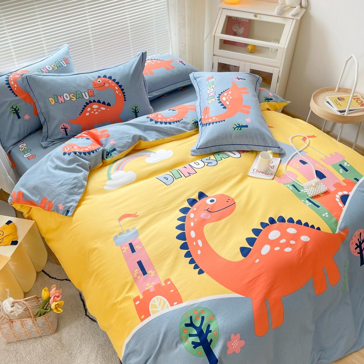 91家纺网 家纺一手货源 找家纺 金爱家 2021新款大版磨毛卡通系列四件套 中华恐龙