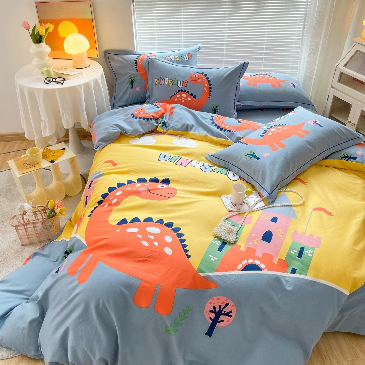 91家纺网 家纺一手货源 找家纺 金爱家 2021新款大版磨毛卡通系列四件套 中华恐龙