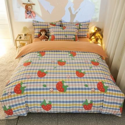 91家纺网 家纺一手货源 找家纺 金爱家 2021新款纯棉磨毛小清新四件套 草莓