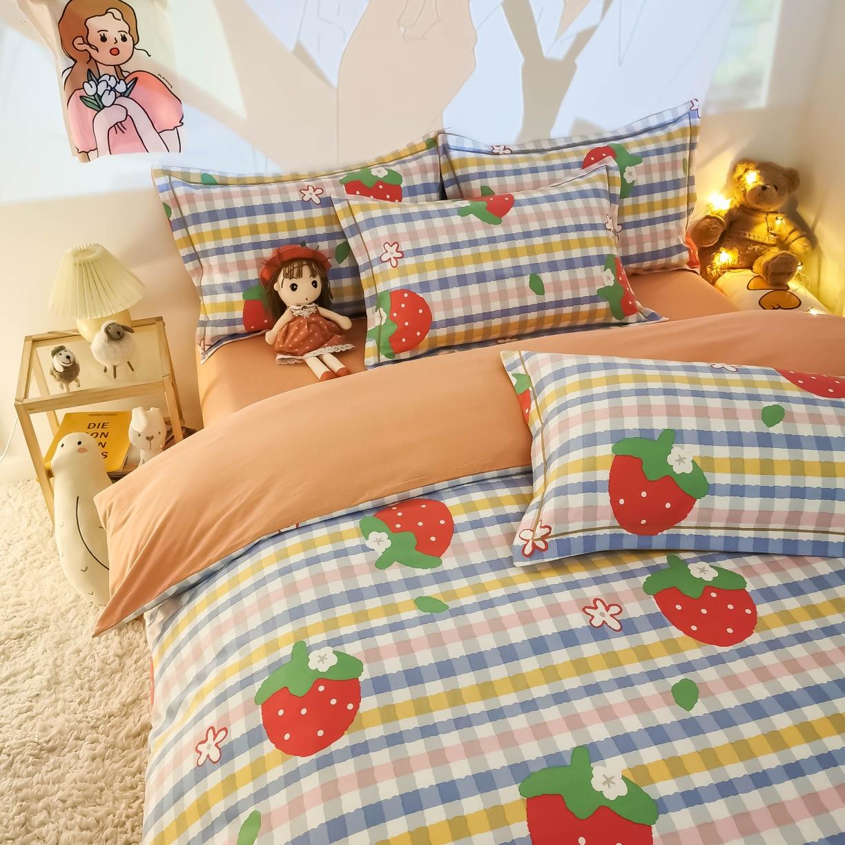 91家纺网 家纺一手货源 找家纺 金爱家 2021新款纯棉磨毛小清新四件套 草莓