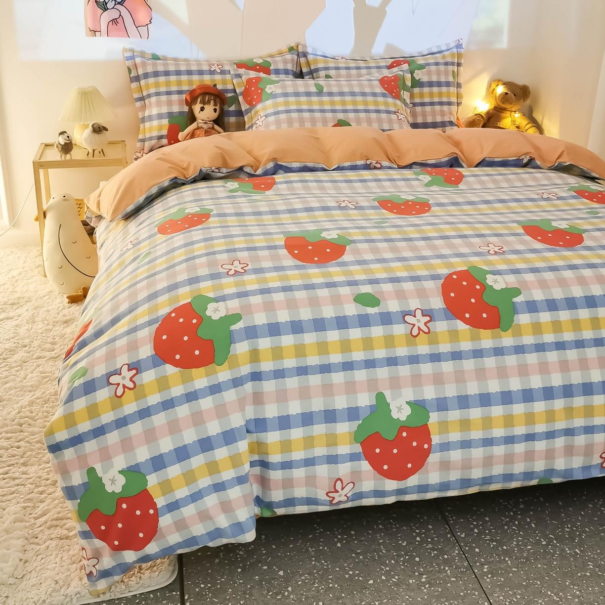 91家纺网 家纺一手货源 找家纺 金爱家 2021新款纯棉磨毛小清新四件套 草莓