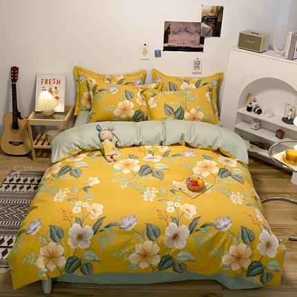 91家纺网 家纺一手货源 找家纺 金爱家 2021新款纯棉磨毛小清新四件套 朵朵凝香黄