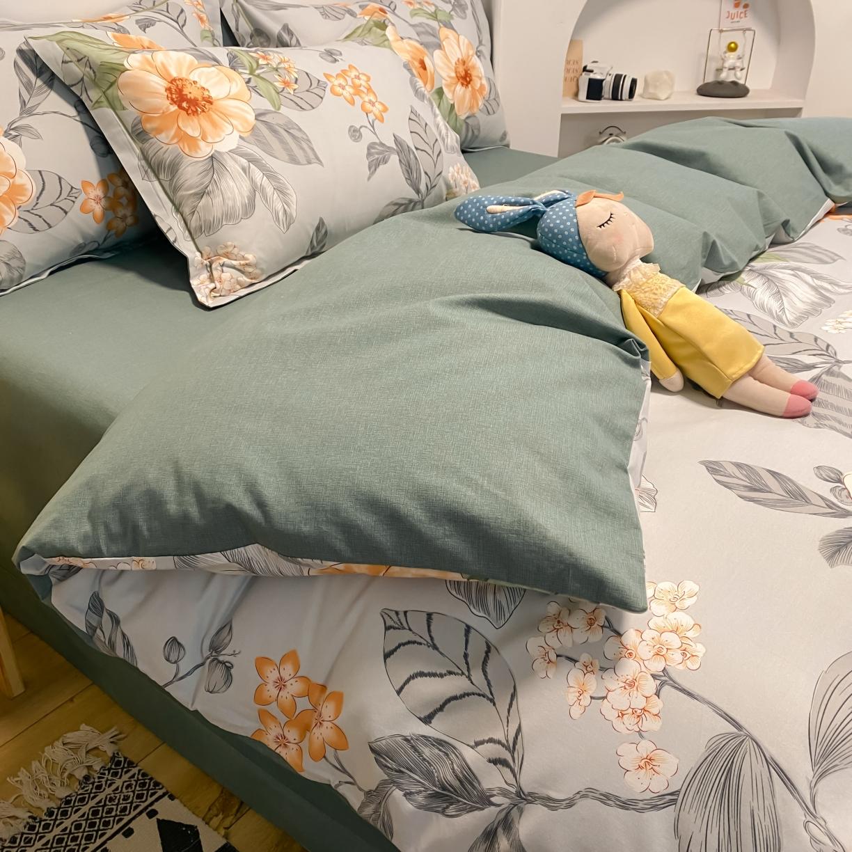 91家纺网 家纺一手货源 找家纺 金爱家 2021新款纯棉磨毛小清新四件套 荷塘月色