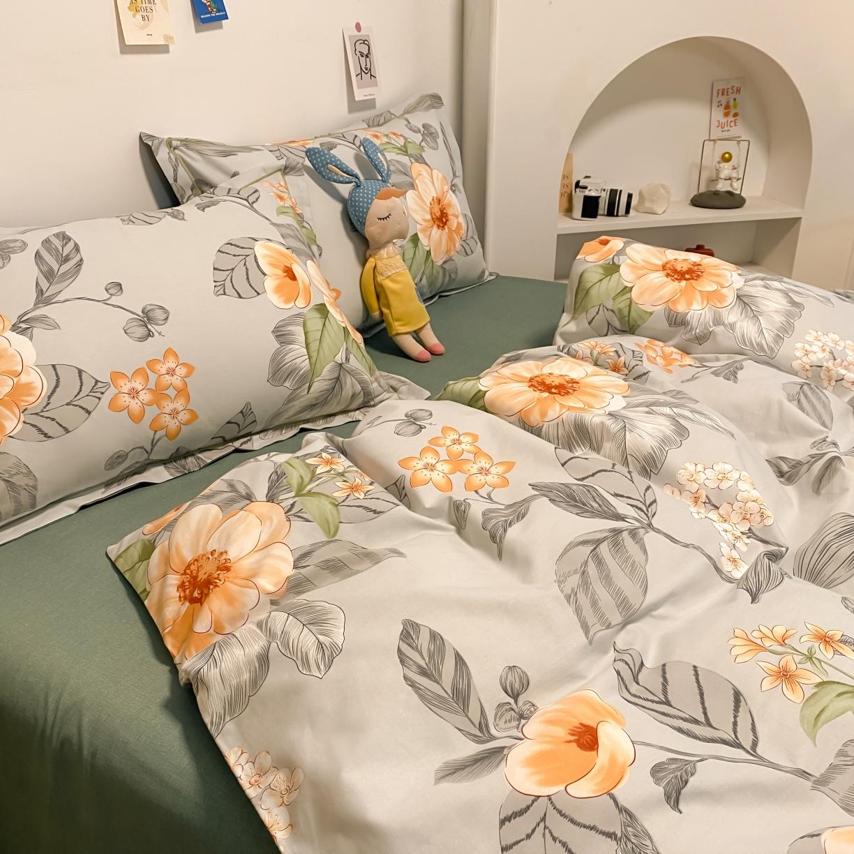 91家纺网 家纺一手货源 找家纺 金爱家 2021新款纯棉磨毛小清新四件套 荷塘月色