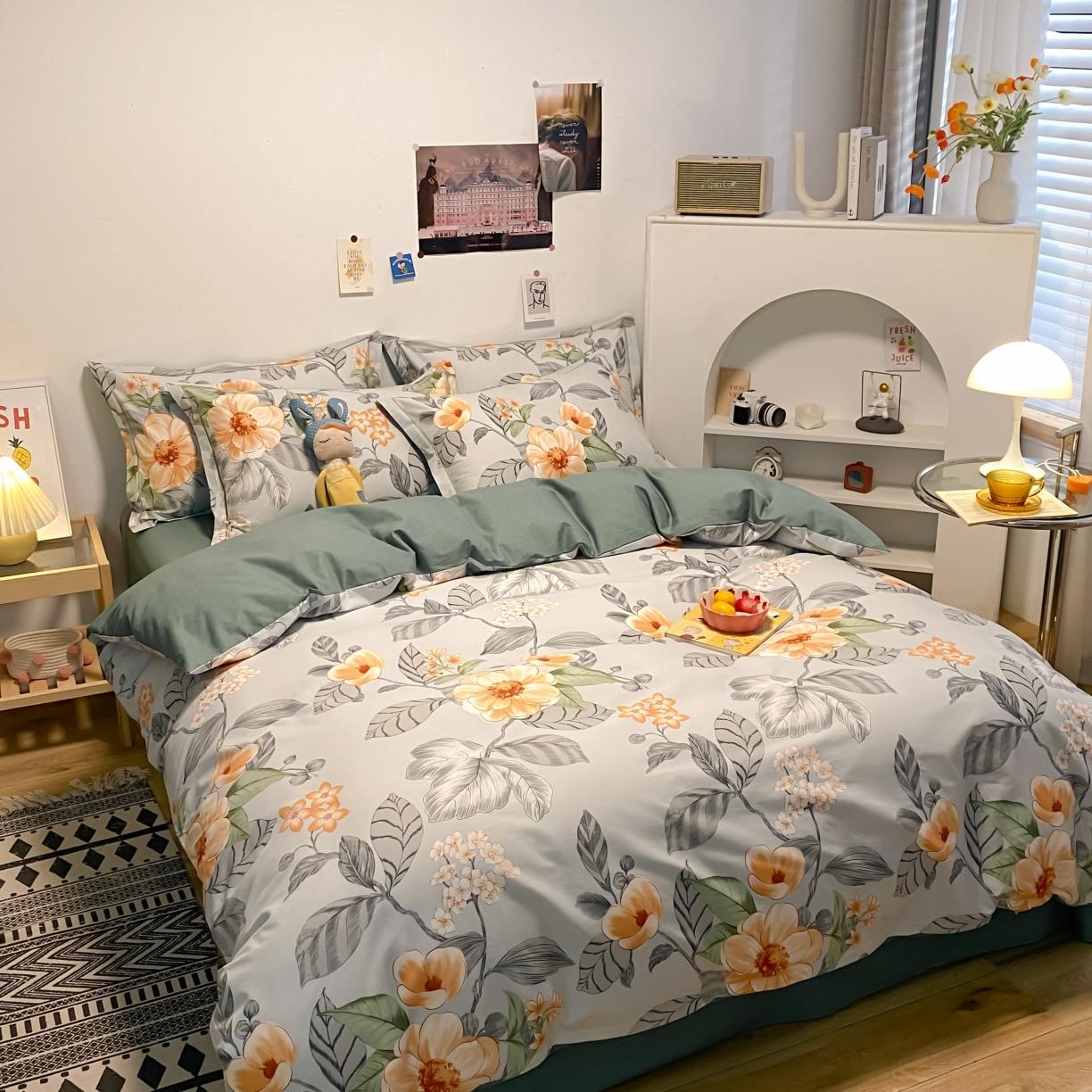 91家纺网 家纺一手货源 找家纺 金爱家 2021新款纯棉磨毛小清新四件套 荷塘月色