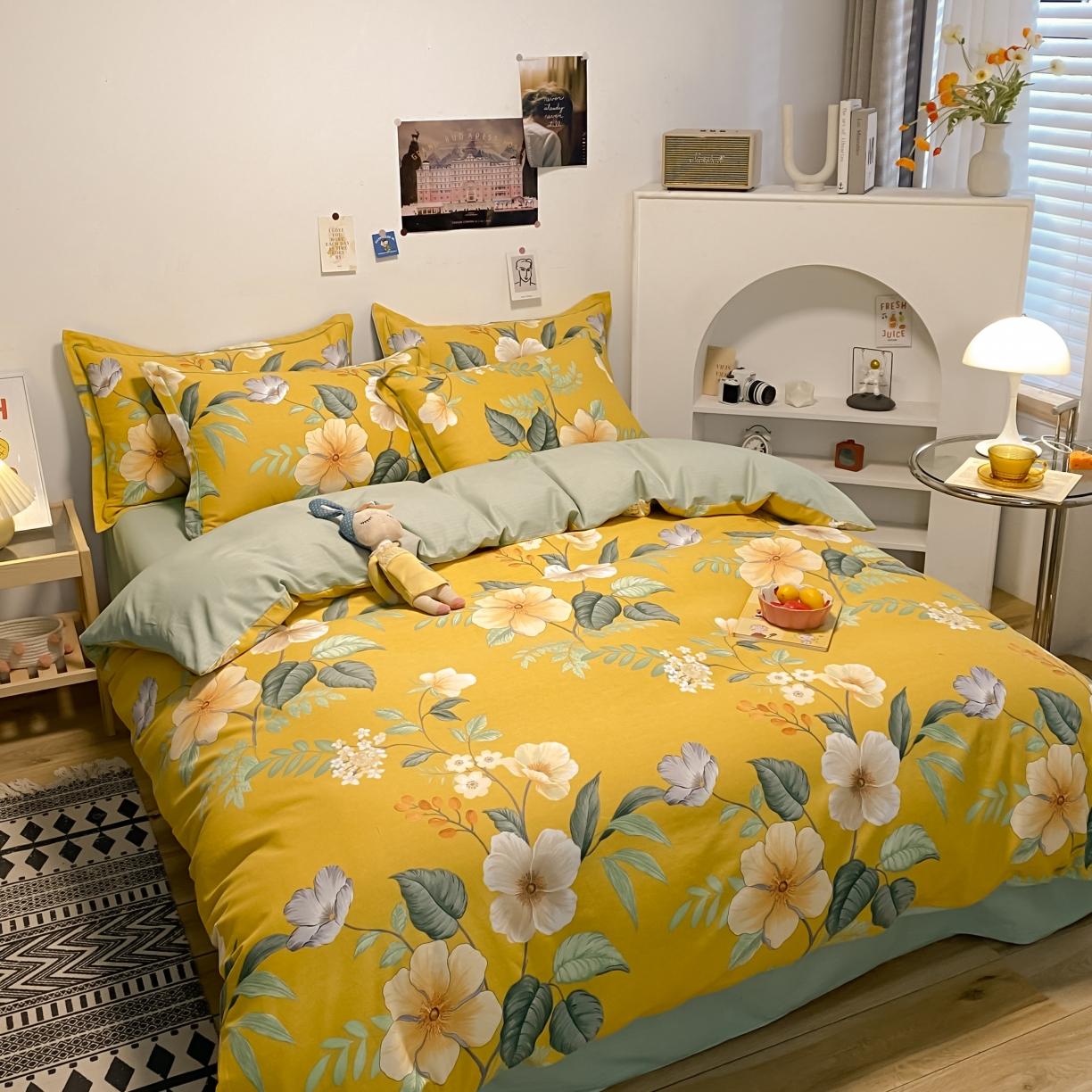 91家纺网 家纺一手货源 找家纺 金爱家 2021新款纯棉磨毛小清新四件套 朵朵凝香黄