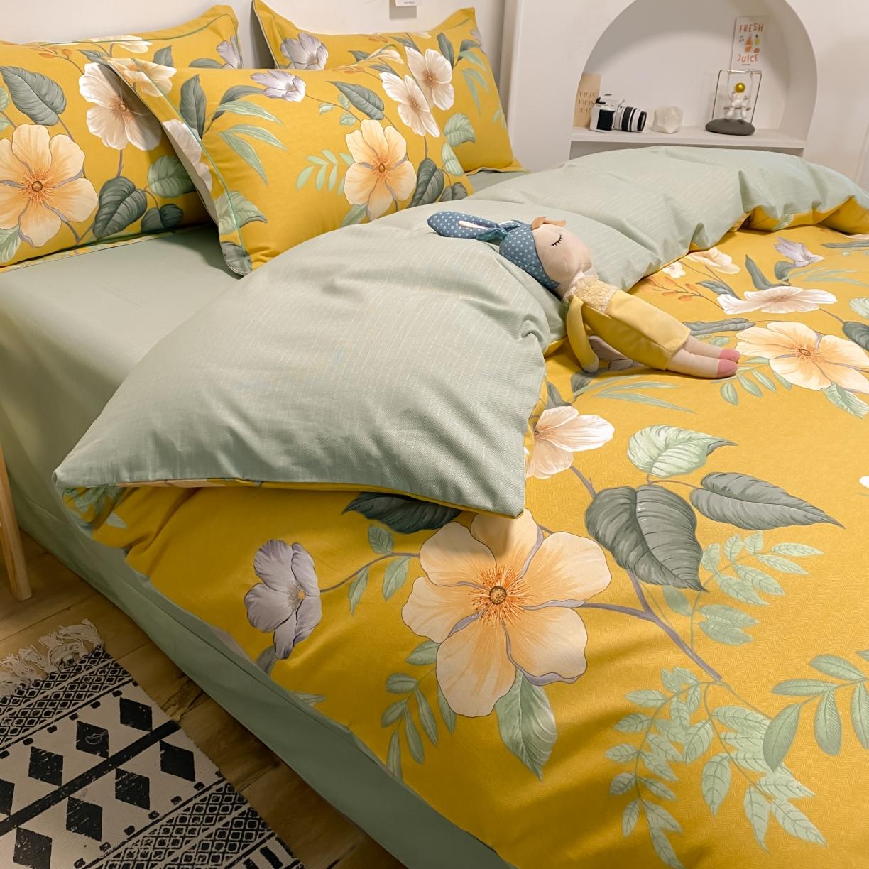 91家纺网 家纺一手货源 找家纺 金爱家 2021新款纯棉磨毛小清新四件套 朵朵凝香黄