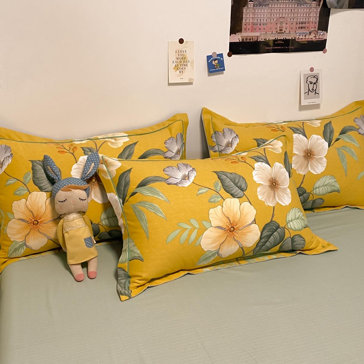 91家纺网 家纺一手货源 找家纺 金爱家 2021新款纯棉磨毛小清新四件套 朵朵凝香黄