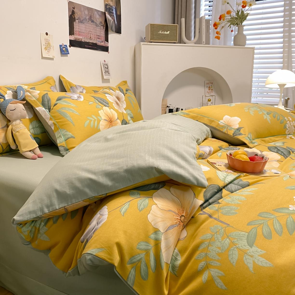 91家纺网 家纺一手货源 找家纺 金爱家 2021新款纯棉磨毛小清新四件套 朵朵凝香黄
