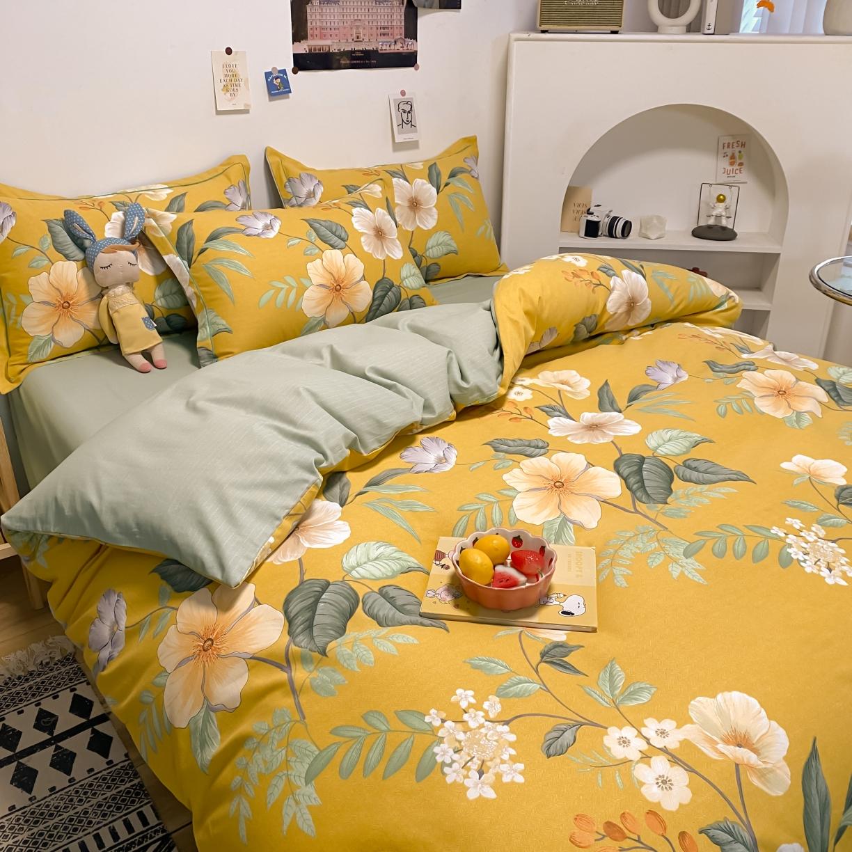 91家纺网 家纺一手货源 找家纺 金爱家 2021新款纯棉磨毛小清新四件套 朵朵凝香黄