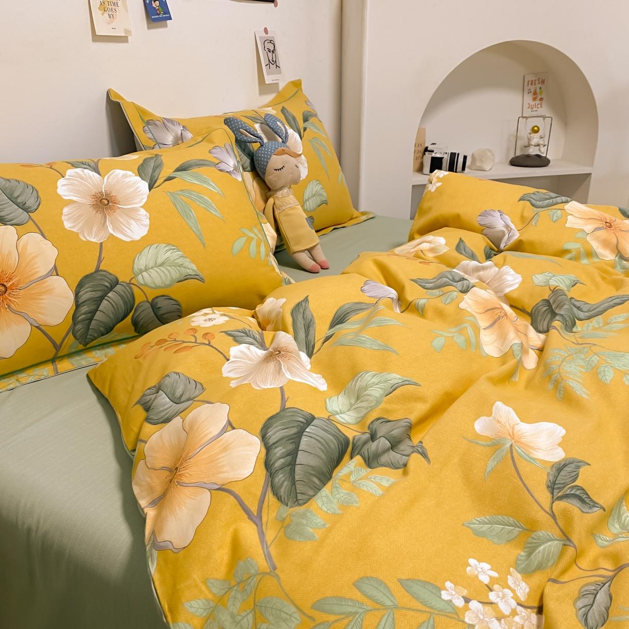 91家纺网 家纺一手货源 找家纺 金爱家 2021新款纯棉磨毛小清新四件套 朵朵凝香黄