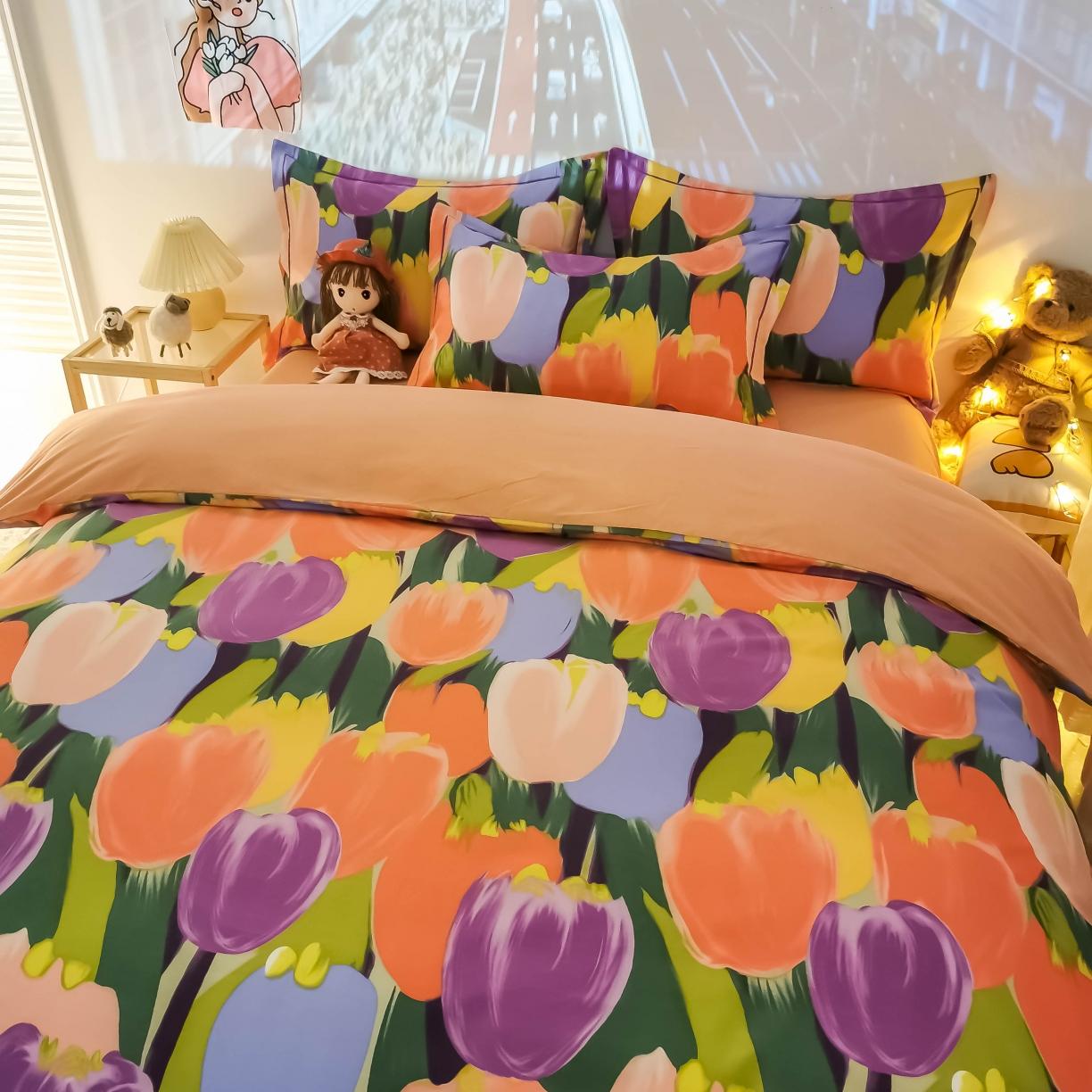 91家纺网 家纺一手货源 找家纺 金爱家 2021新款纯棉磨毛小清新四件套 浪漫朵朵