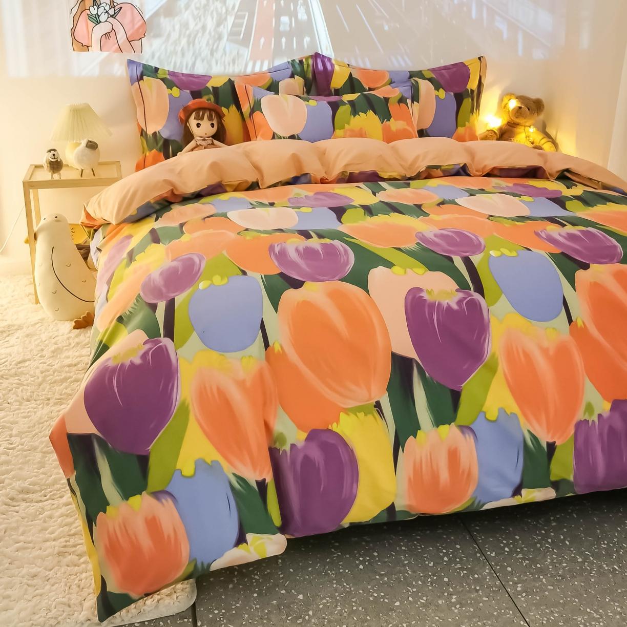 91家纺网 家纺一手货源 找家纺 金爱家 2021新款纯棉磨毛小清新四件套 浪漫朵朵