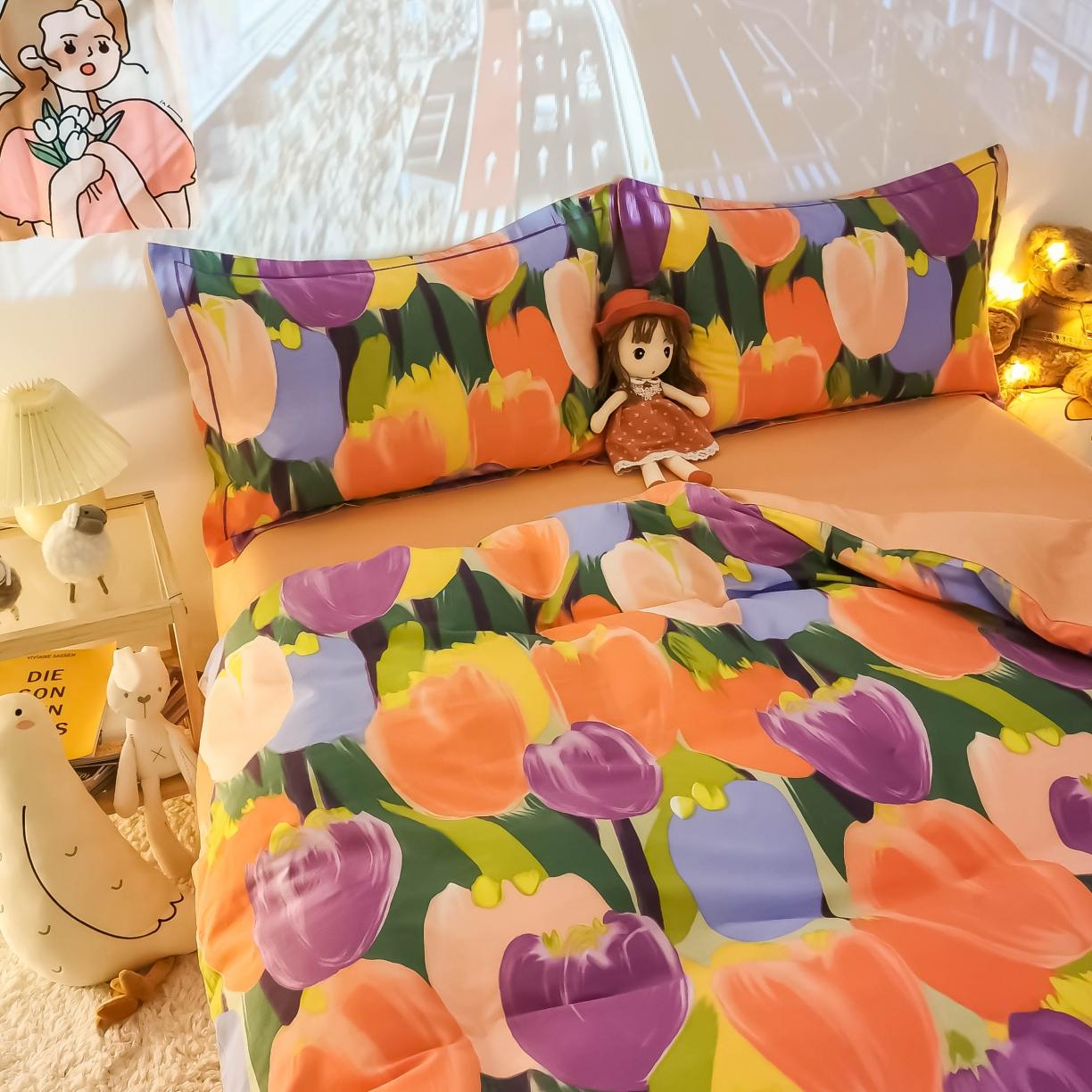 91家纺网 家纺一手货源 找家纺 金爱家 2021新款纯棉磨毛小清新四件套 浪漫朵朵