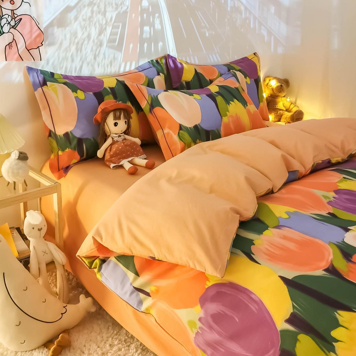 91家纺网 家纺一手货源 找家纺 金爱家 2021新款纯棉磨毛小清新四件套 浪漫朵朵