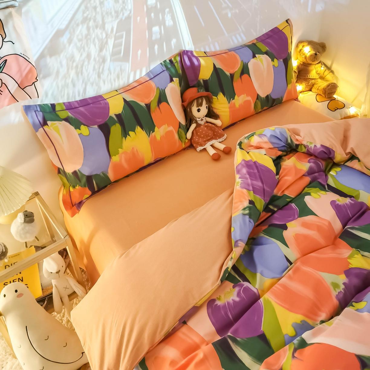 91家纺网 家纺一手货源 找家纺 金爱家 2021新款纯棉磨毛小清新四件套 浪漫朵朵