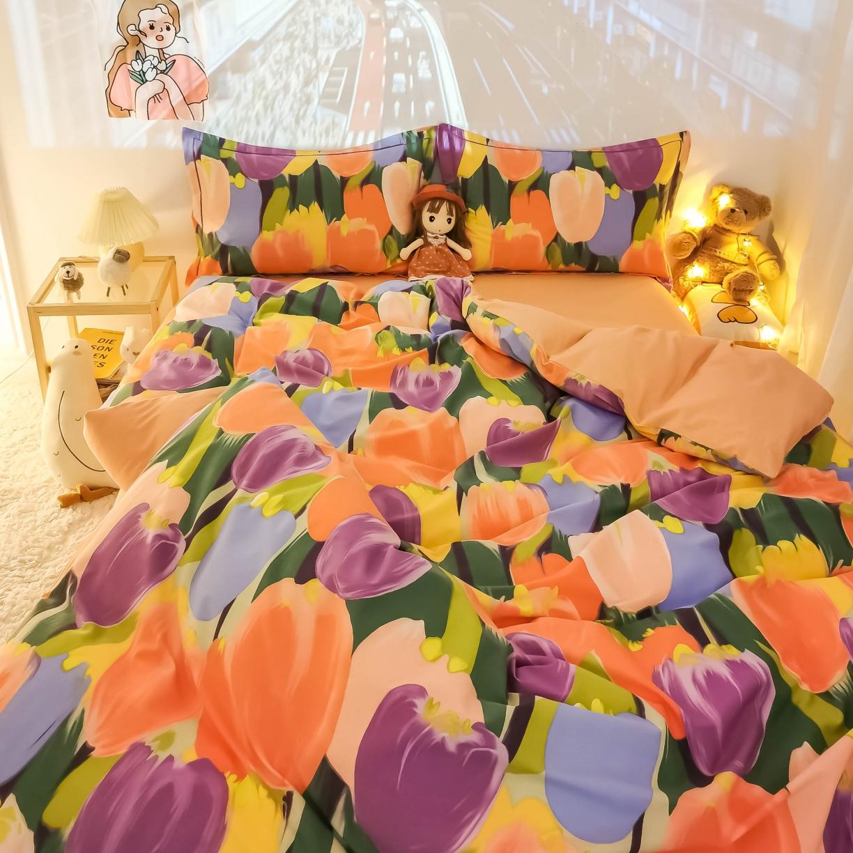 91家纺网 家纺一手货源 找家纺 金爱家 2021新款纯棉磨毛小清新四件套 浪漫朵朵