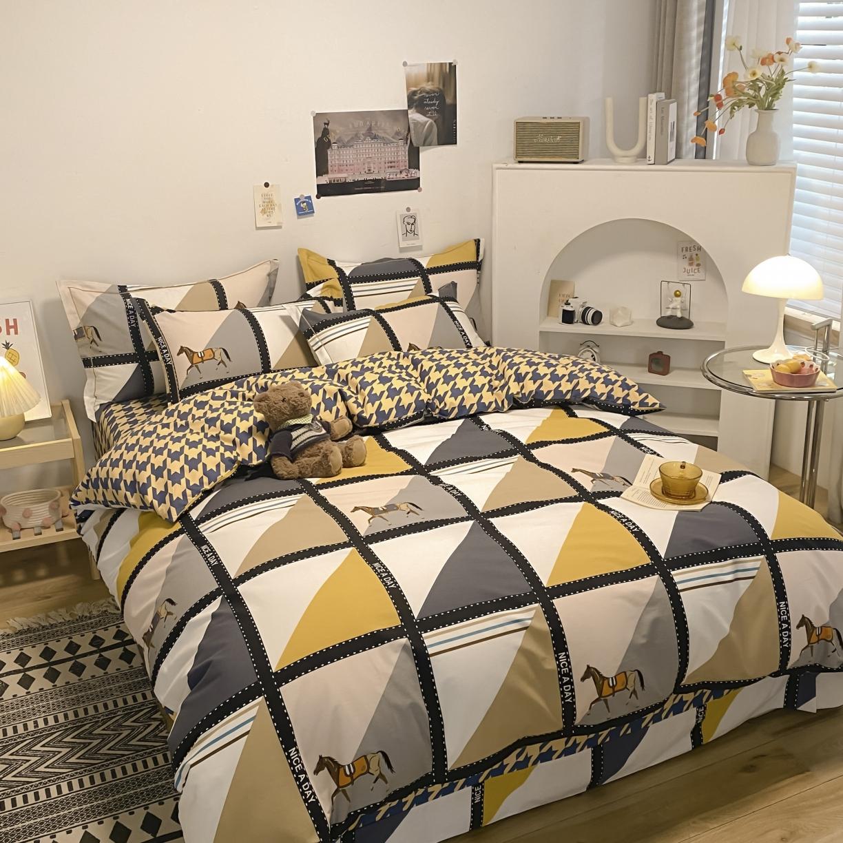 91家纺网 家纺一手货源 找家纺 金爱家 2021新款纯棉磨毛小清新四件套 莫吉托-蓝