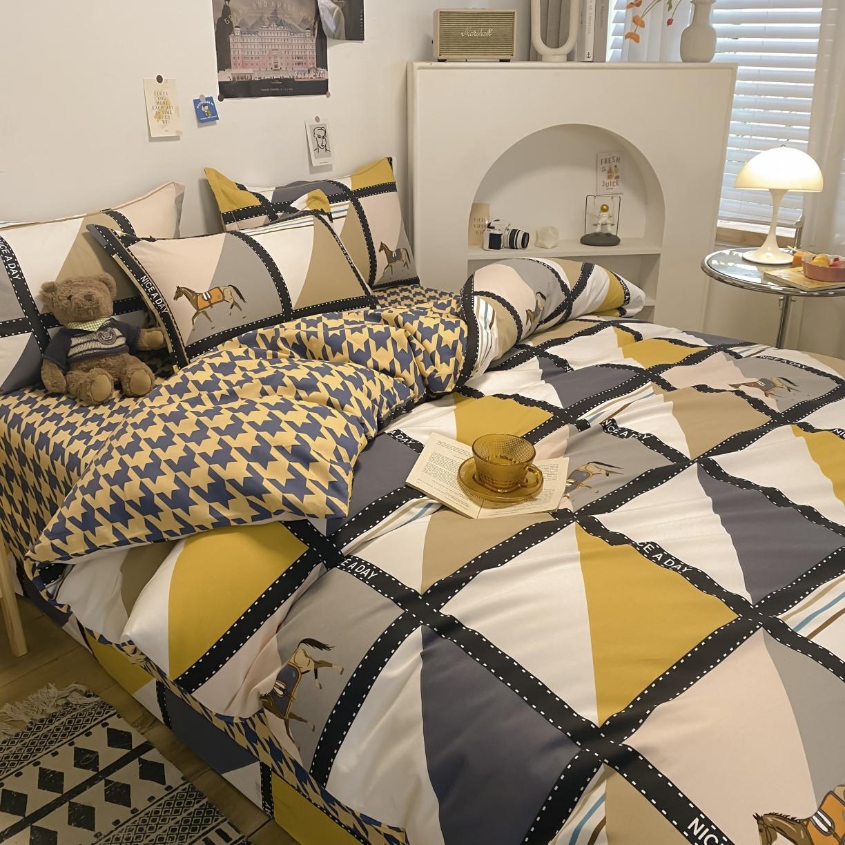 91家纺网 家纺一手货源 找家纺 金爱家 2021新款纯棉磨毛小清新四件套 莫吉托-蓝