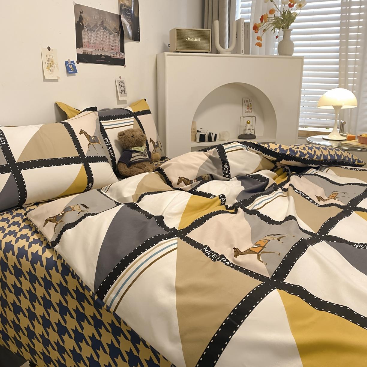 91家纺网 家纺一手货源 找家纺 金爱家 2021新款纯棉磨毛小清新四件套 莫吉托-蓝